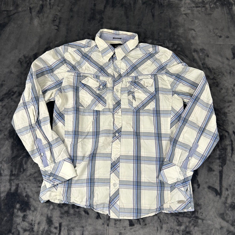 Buckle Black Button Down Shirt Mens Large White Blue Plaid Athletic BB045FPW